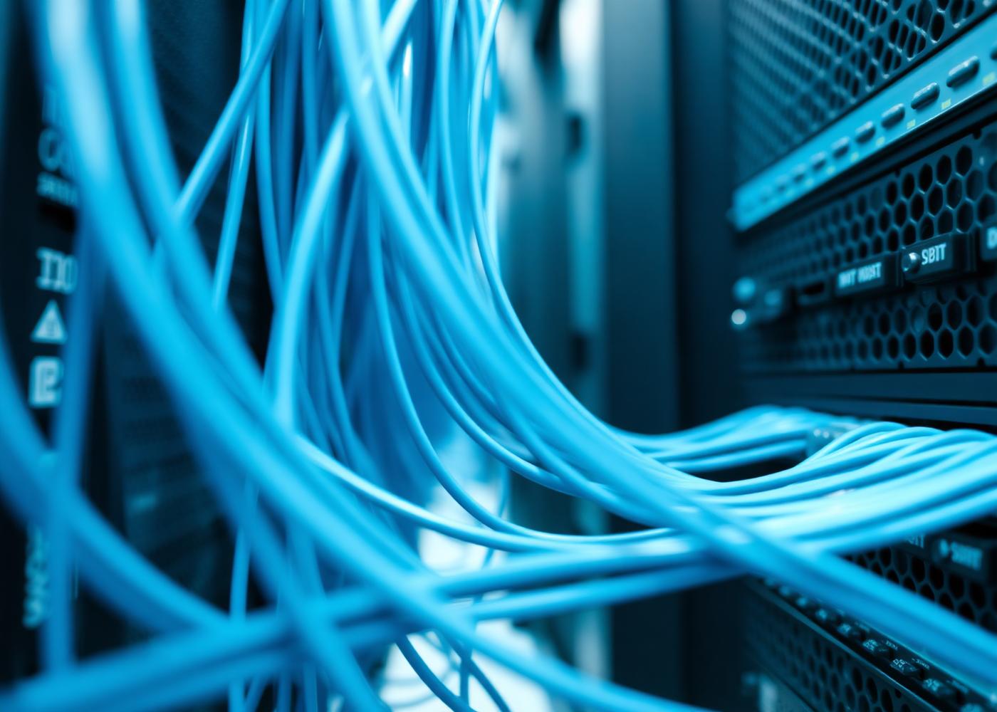 Blue fibre optic cabling connected to server racks in a cloud data centre