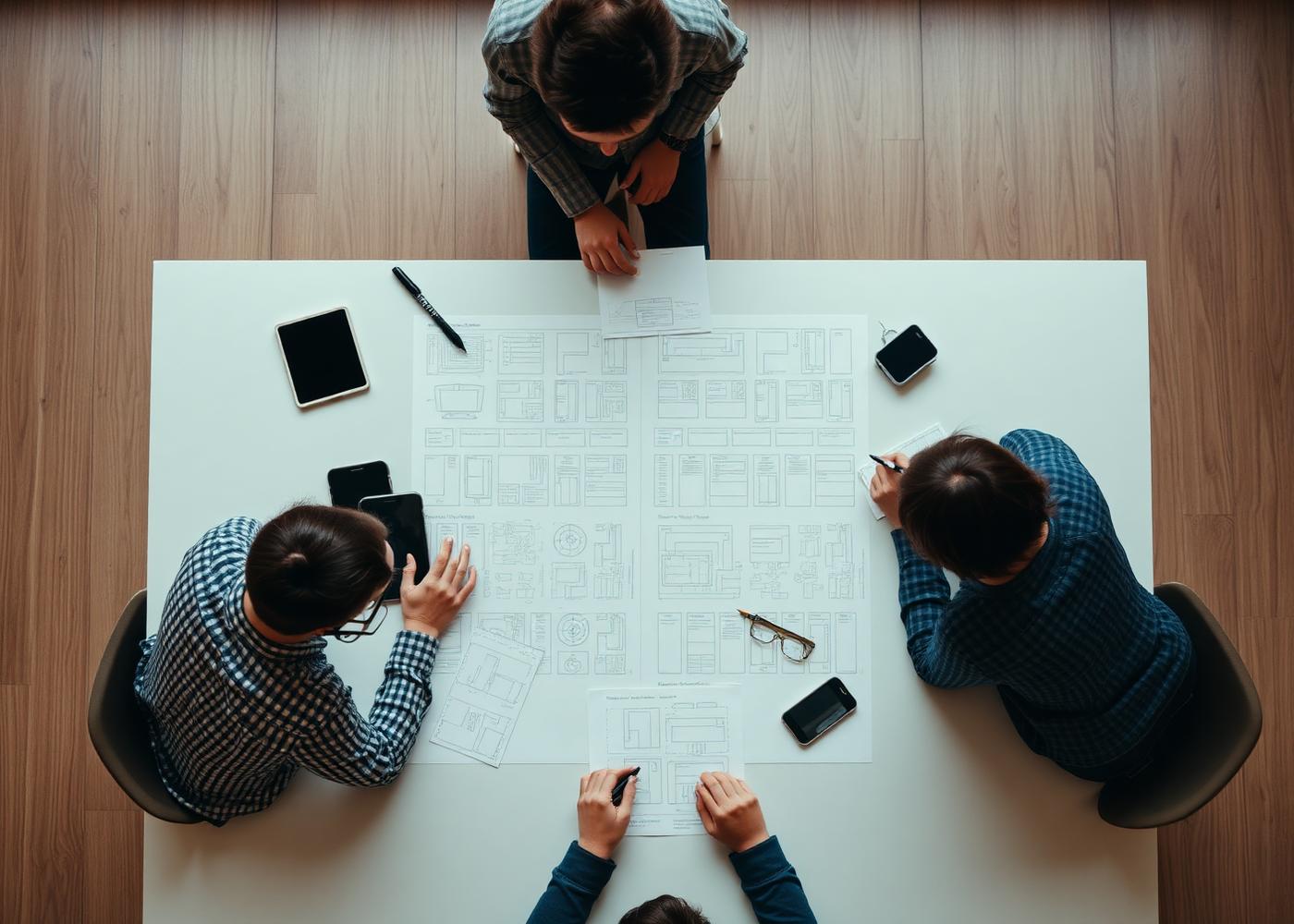 Overhead photograph of printed interface wireframes being annotated during a design review
