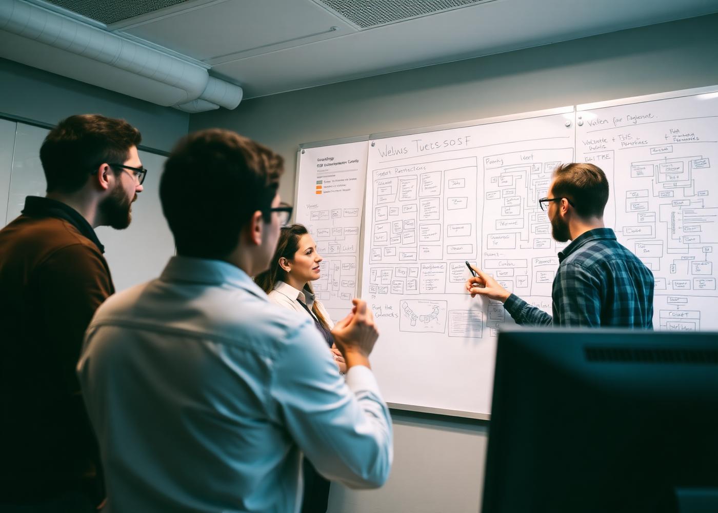 Engineers reviewing a system architecture diagram together at a whiteboard